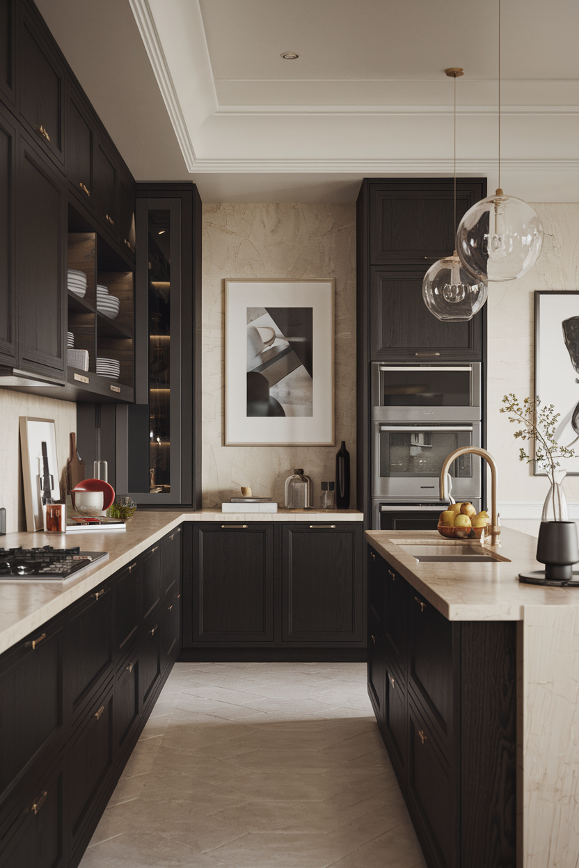 Beautiful Kitchen Designs- Dark Cabinets, White Countertops